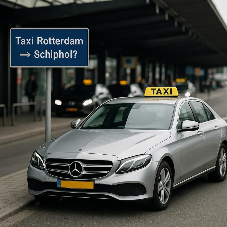 Luxe taxi Rotterdam Schiphol zakelijk vervoer met Mercedes, professionele chauffeur wacht op reiziger