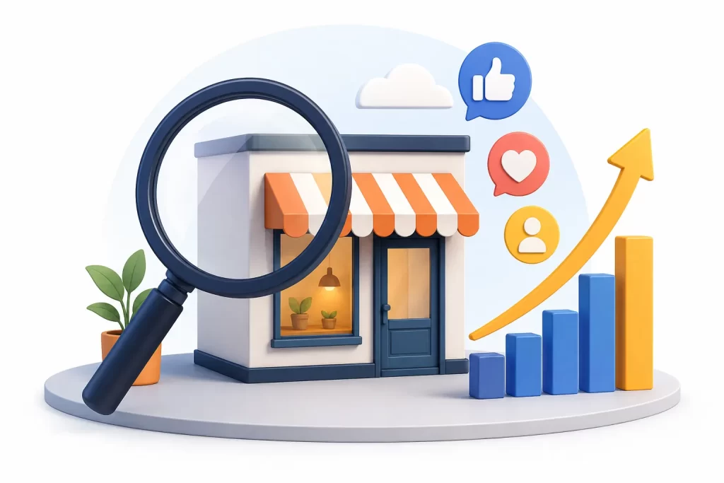 Een moderne illustratie van een kleine winkel die online groeit met zoekbaarheid, sociale interactie en stijgende resultaten.