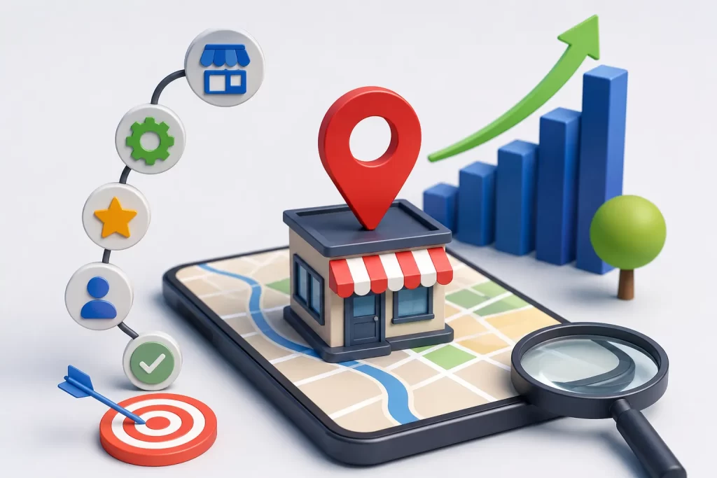 Een moderne illustratie van lokale SEO met een winkel op de kaart, zoekfunctie en groeiende resultaten.