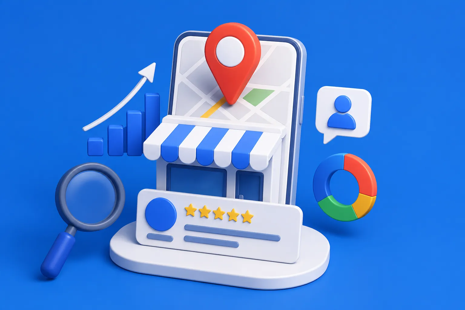 Een moderne 3D-illustratie van lokale online zichtbaarheid, met een winkel, kaartpin, reviews en groeisymbolen voor meer klanten via Google.
