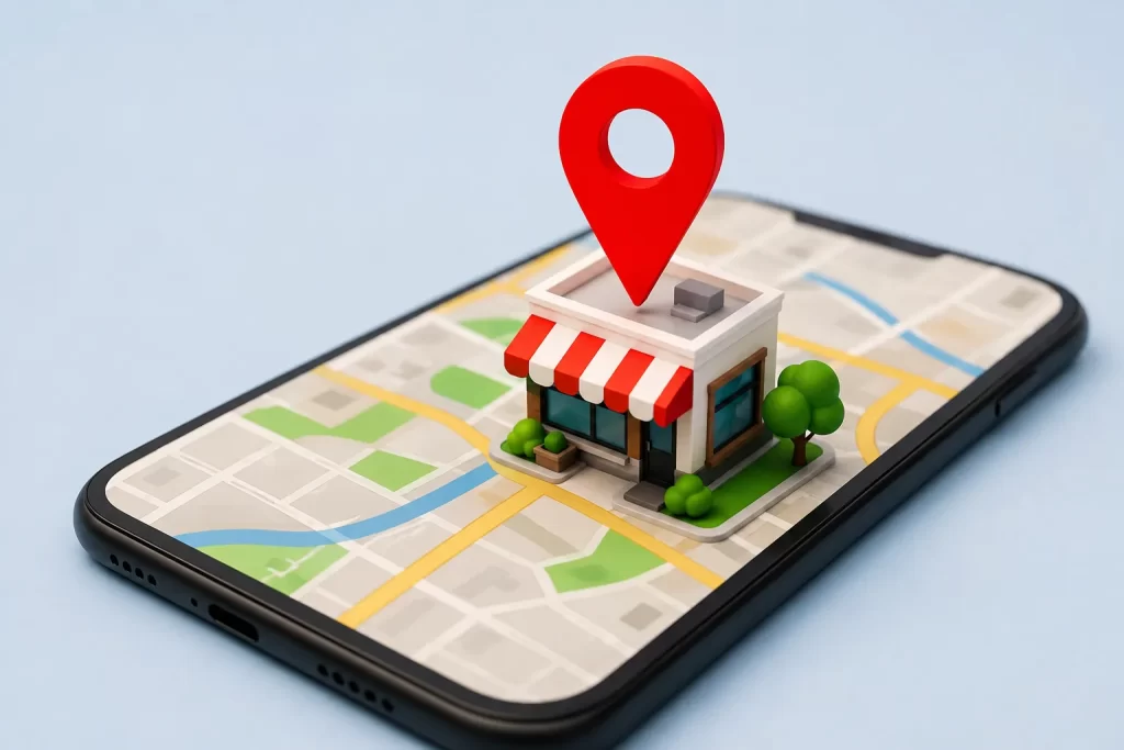 Een moderne 3D-afbeelding van een winkel op een digitale kaart met een locatiepin.