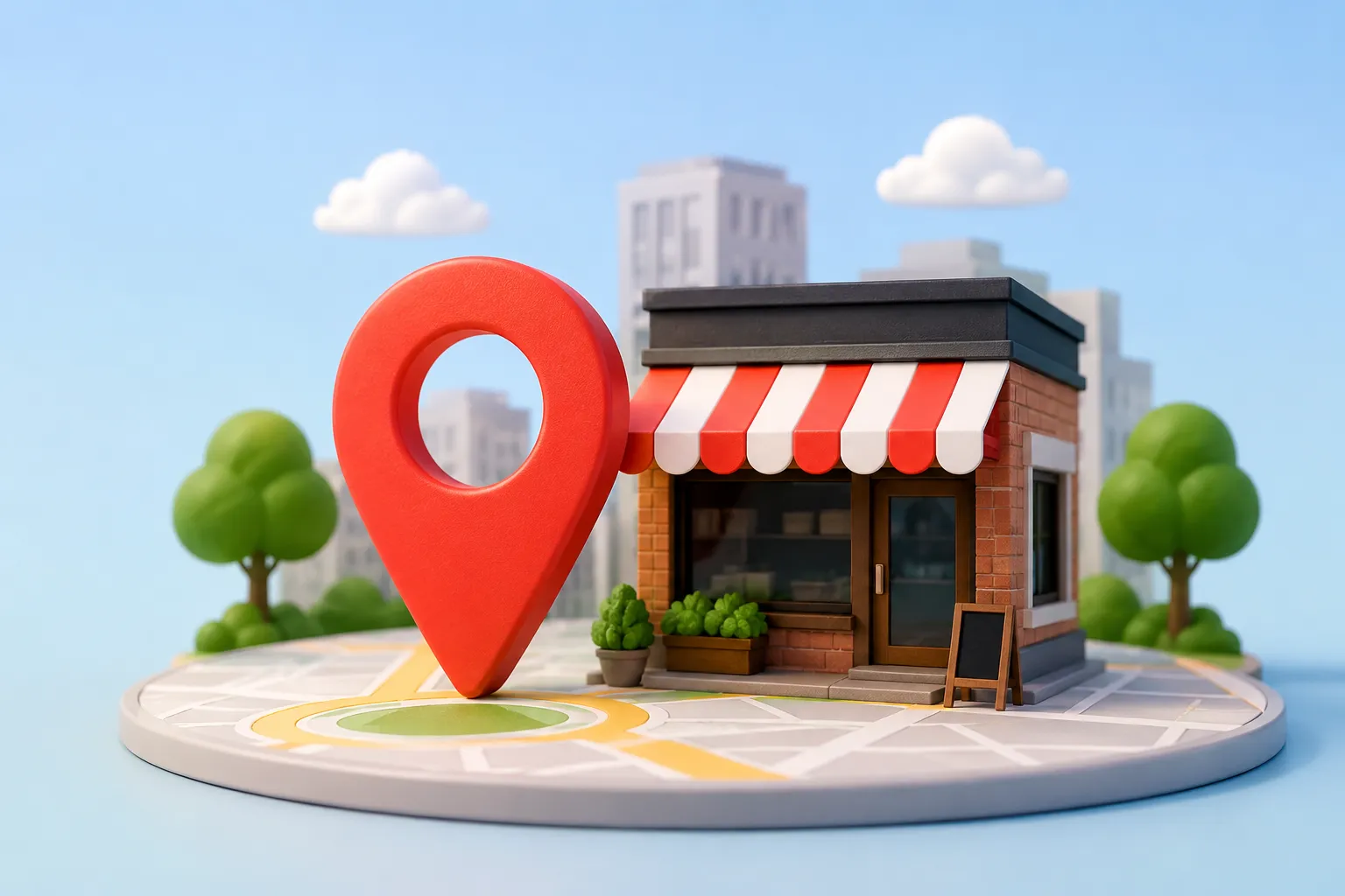 Een vriendelijk lokaal winkeltje met locatiepin, symbool voor beter gevonden worden in de buurt.