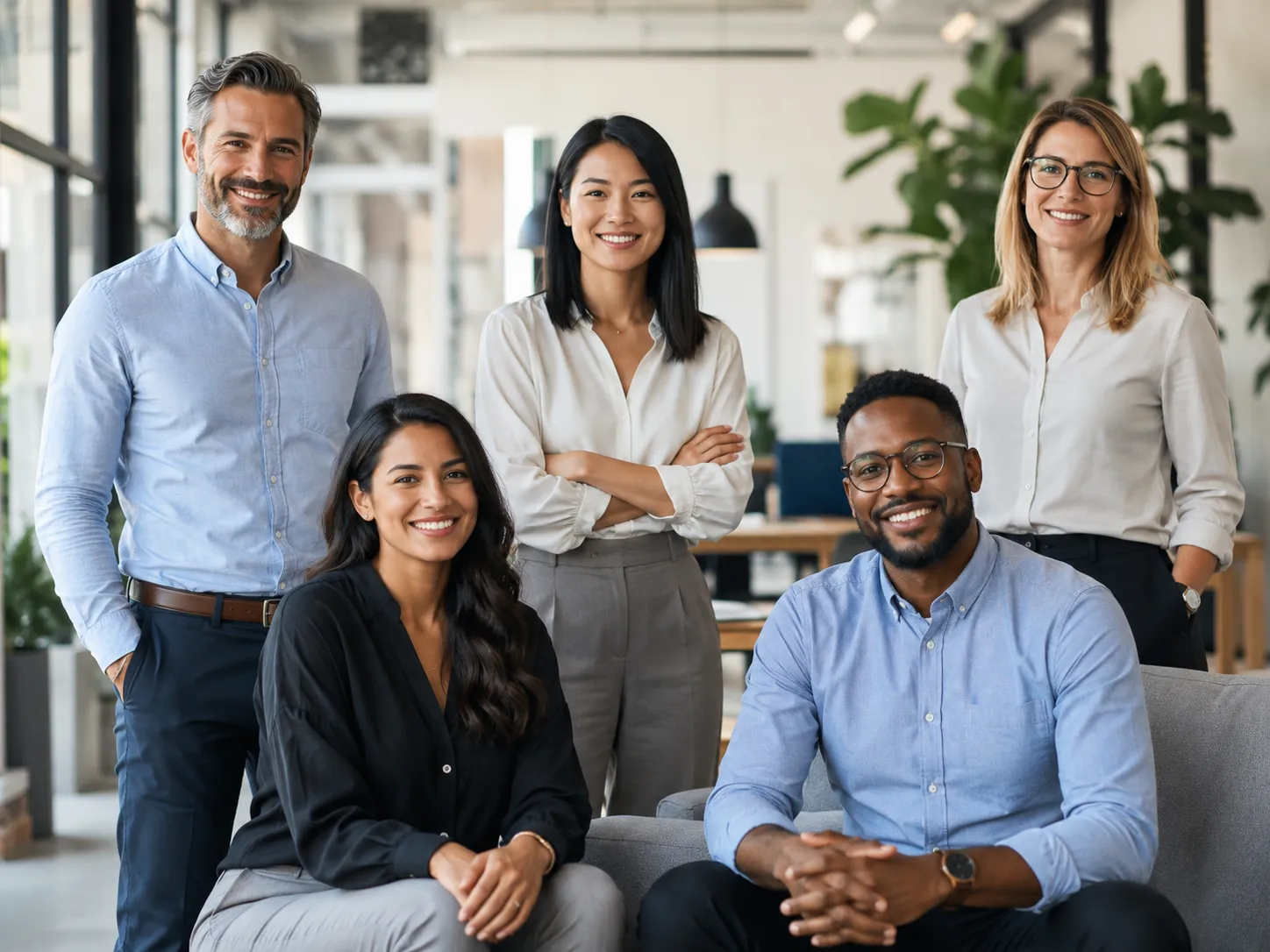 Een professioneel en vriendelijk team in een moderne kantooromgeving dat vertrouwen, samenwerking en betrouwbaarheid uitstraalt.