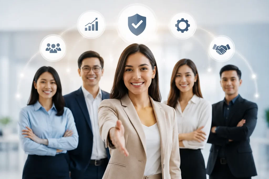 Een professioneel team dat betrouwbaarheid, samenwerking en klantgerichte dienstverlening uitstraalt.