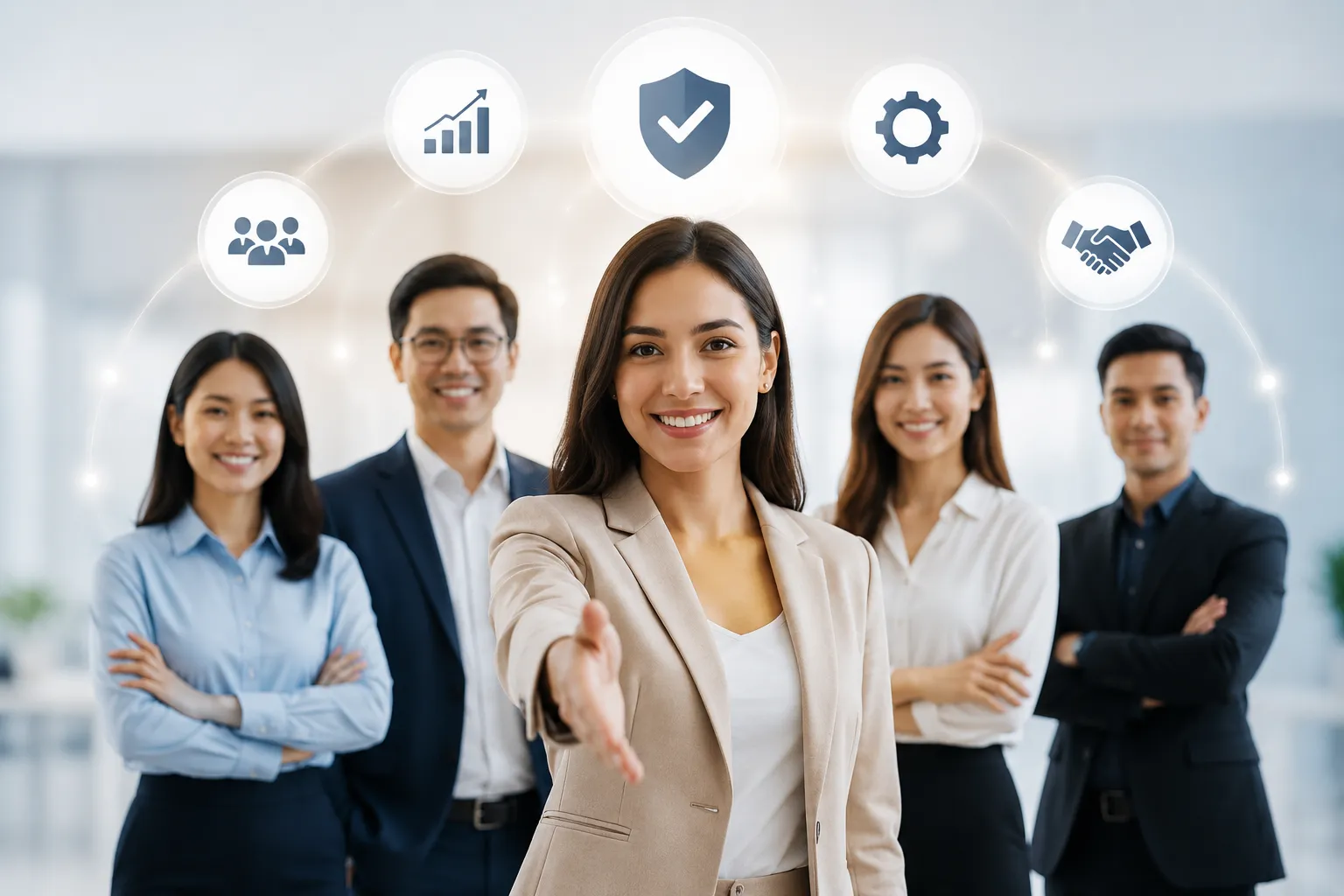 Een professioneel team dat betrouwbaarheid, samenwerking en klantgerichte dienstverlening uitstraalt.
