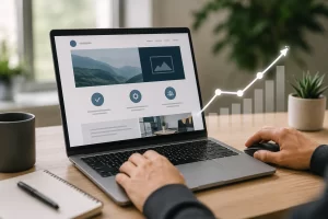 Een moderne werkplek met laptop en groeigrafiek, symbool voor een betere bedrijfswebsite en meer online klanten.