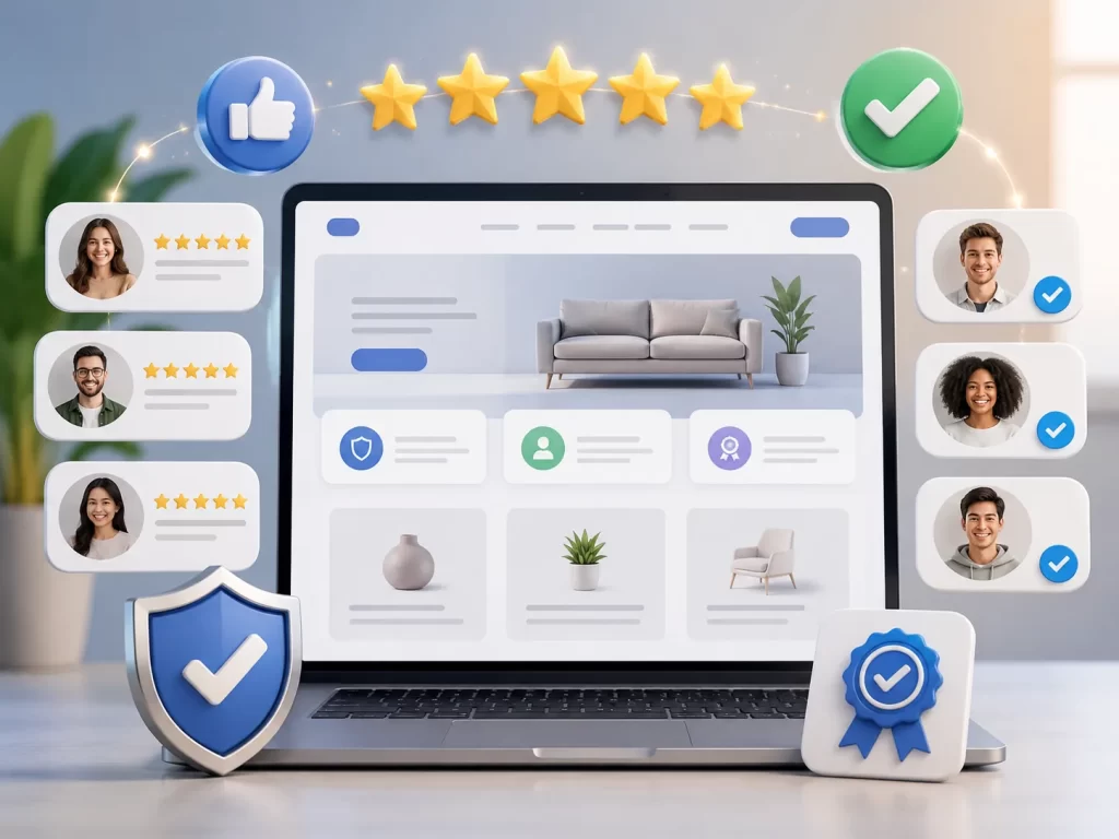 Een moderne website met klantbeoordelingen, sterren en keurmerken die betrouwbaarheid en social proof uitstralen.