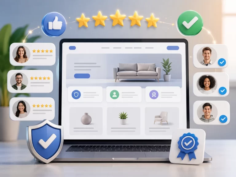 Een moderne website met klantbeoordelingen, sterren en keurmerken die betrouwbaarheid en social proof uitstralen.