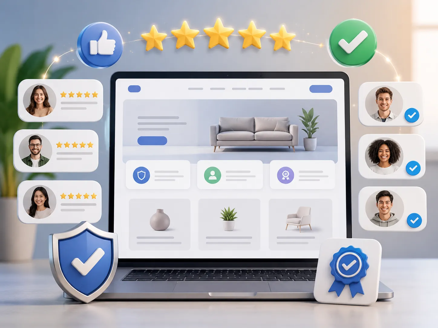 Een moderne website met klantbeoordelingen, sterren en keurmerken die betrouwbaarheid en social proof uitstralen.