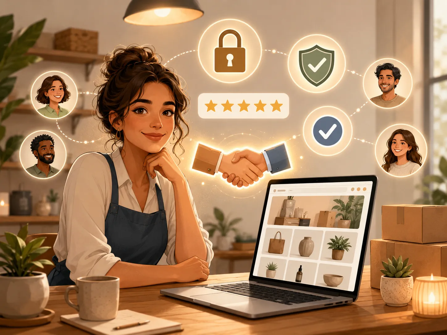 Een warme illustratie van een kleine ondernemer die online vertrouwen opbouwt met klantreviews, veiligheid en betrouwbare service.