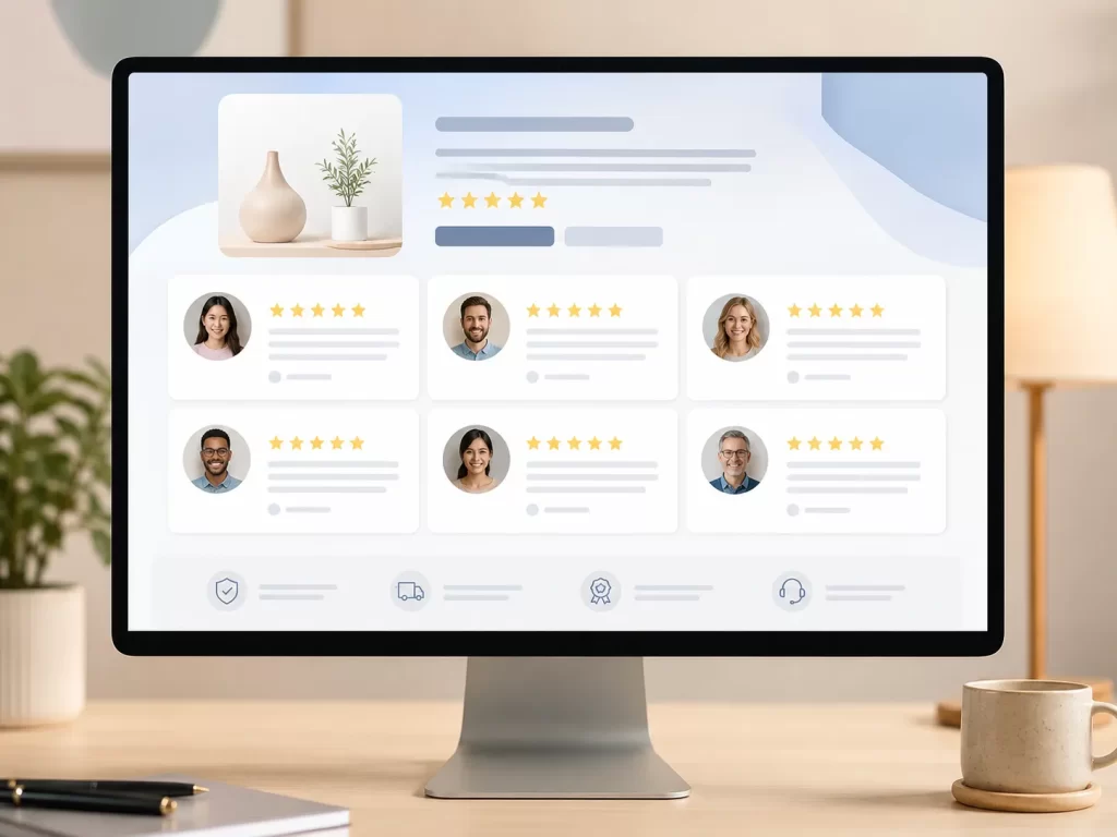 Moderne website met klantreviews, sterrenbeoordelingen en profielkaarten op een computerscherm.