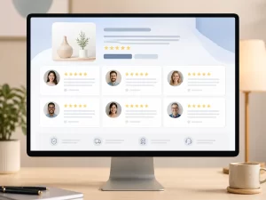 Moderne website met klantreviews, sterrenbeoordelingen en profielkaarten op een computerscherm.