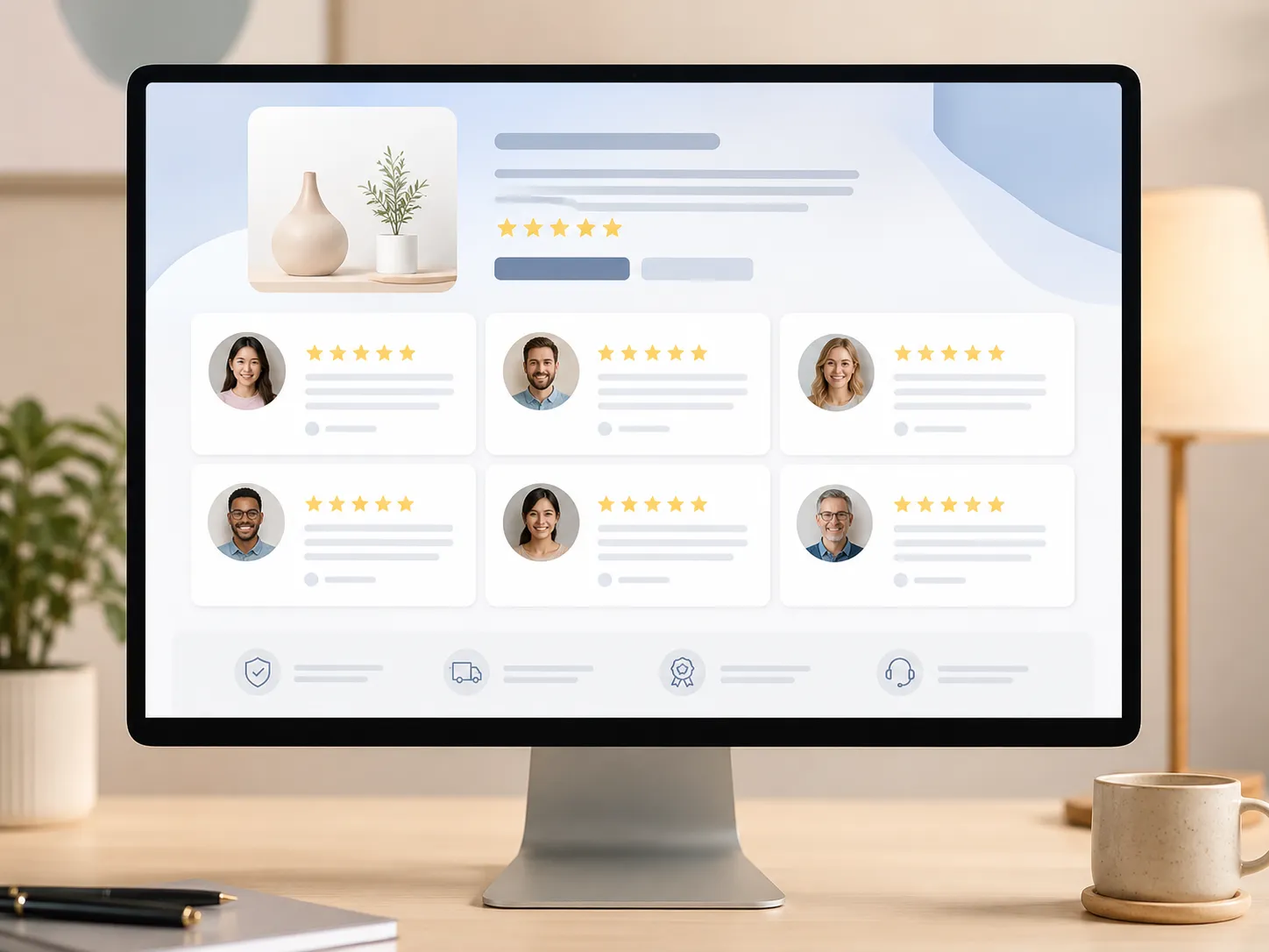 Moderne website met klantreviews, sterrenbeoordelingen en profielkaarten op een computerscherm.