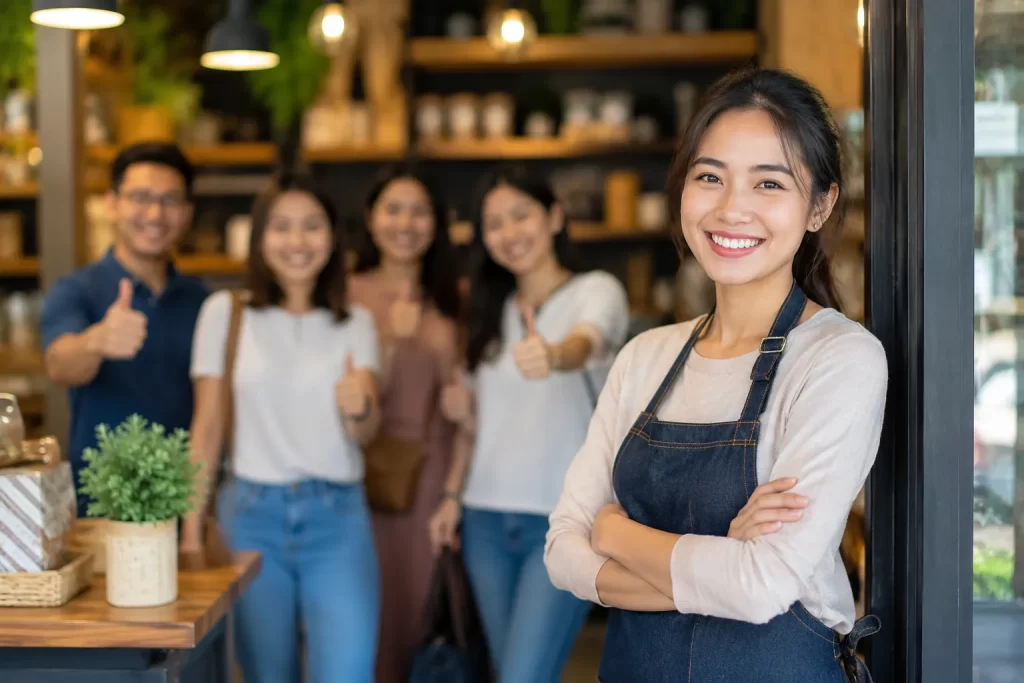 Tevreden klanten steunen een vriendelijke café-eigenaar.