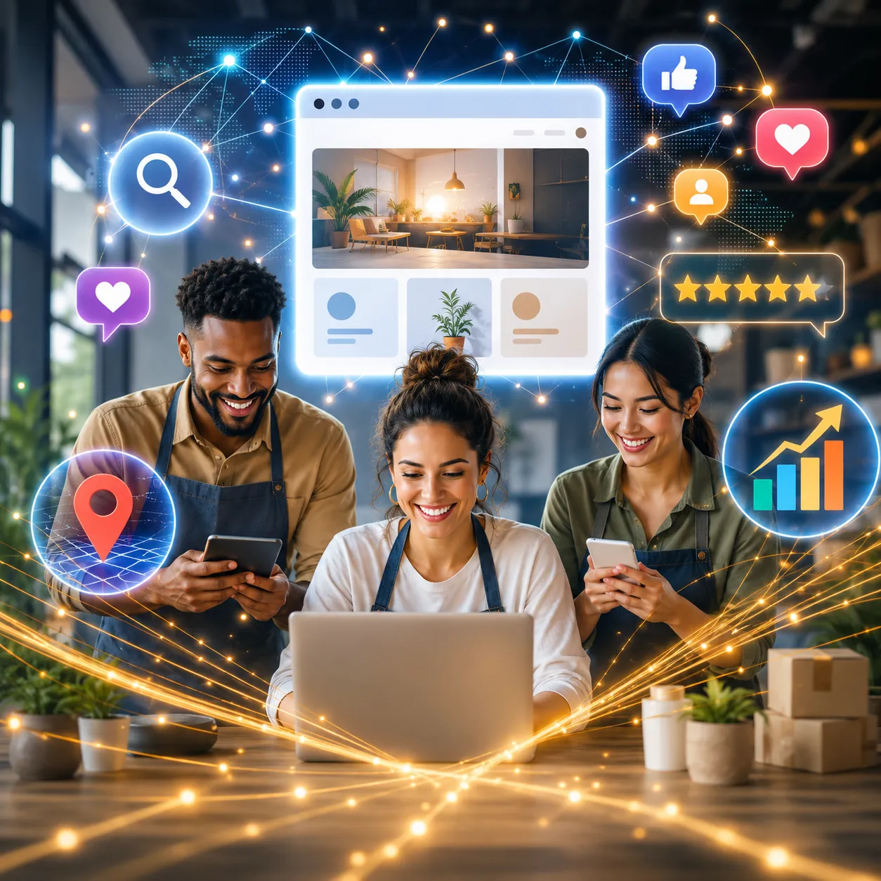 Een modern bedrijfsteam vergroot zijn online bereik met digitale tools, reviews en sociale media.