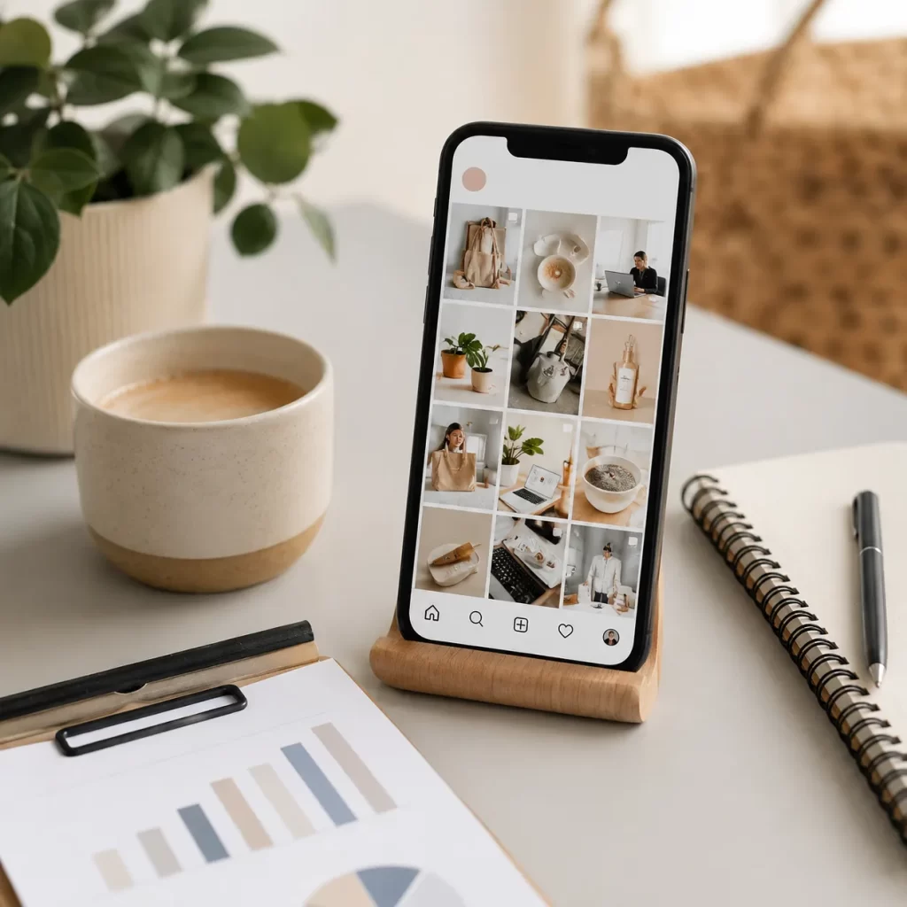 Een rustige werkplek met smartphone, koffie en notitieboek — perfect voor praktische Instagram-inspiratie voor ondernemers.
