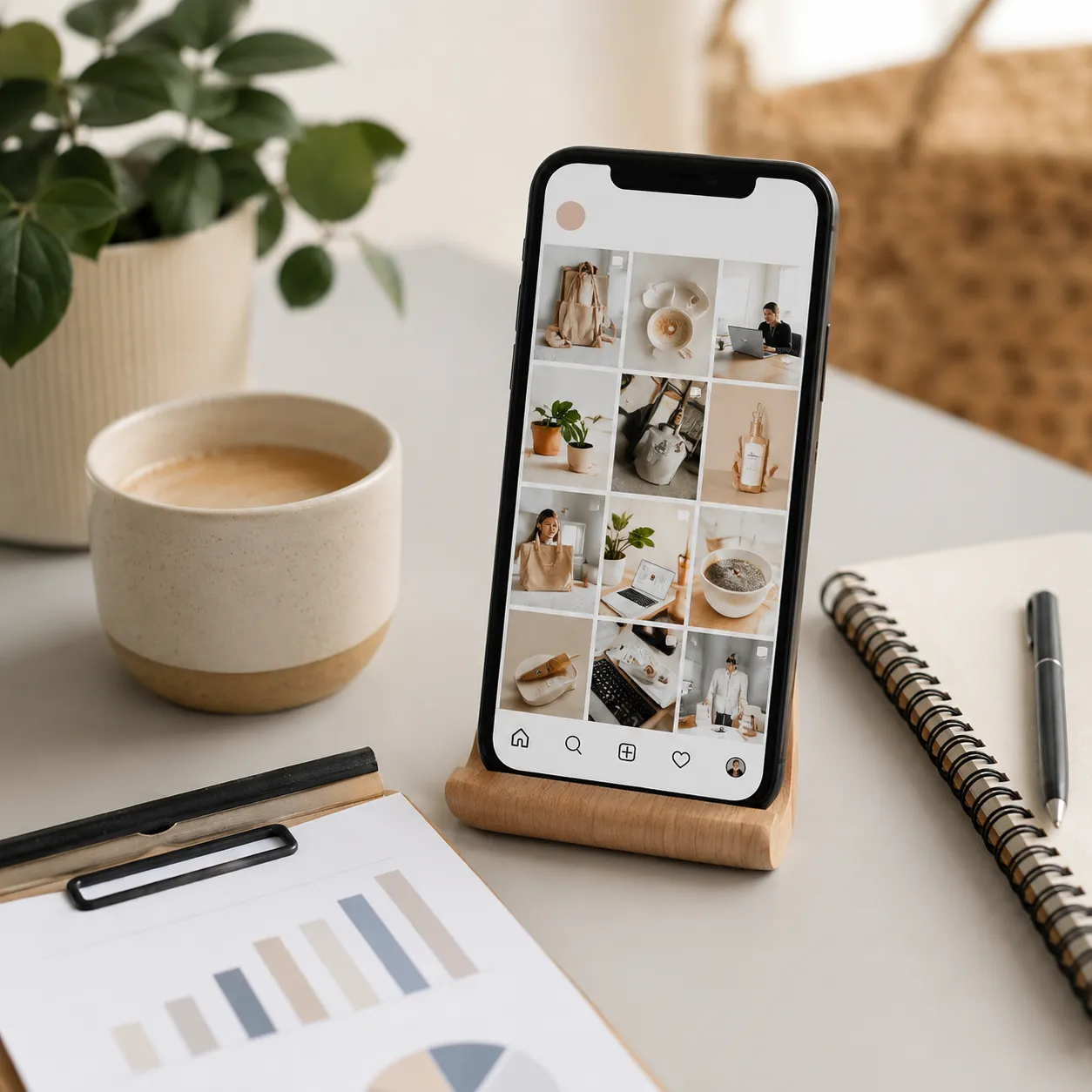 Een rustige werkplek met smartphone, koffie en notitieboek — perfect voor praktische Instagram-inspiratie voor ondernemers.