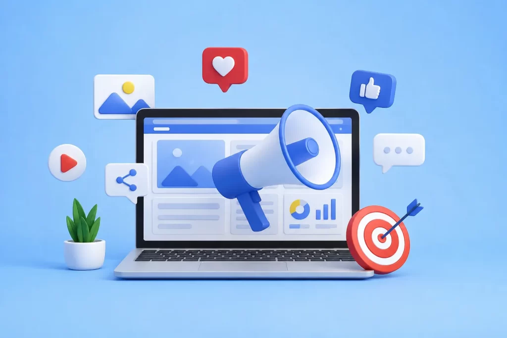 Een moderne 3D-afbeelding van digitale marketing, met een laptop, megafoon en sociale media-iconen voor bedrijven die online willen groeien.