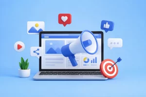 Een moderne 3D-afbeelding van digitale marketing, met een laptop, megafoon en sociale media-iconen voor bedrijven die online willen groeien.