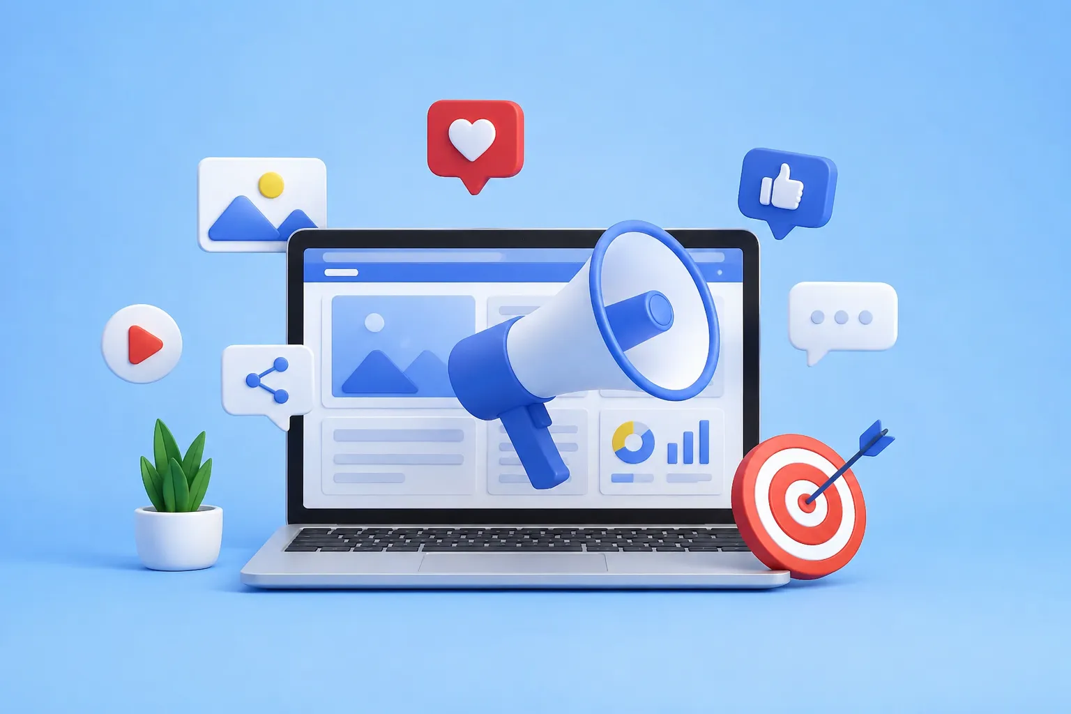 Een moderne 3D-afbeelding van digitale marketing, met een laptop, megafoon en sociale media-iconen voor bedrijven die online willen groeien.