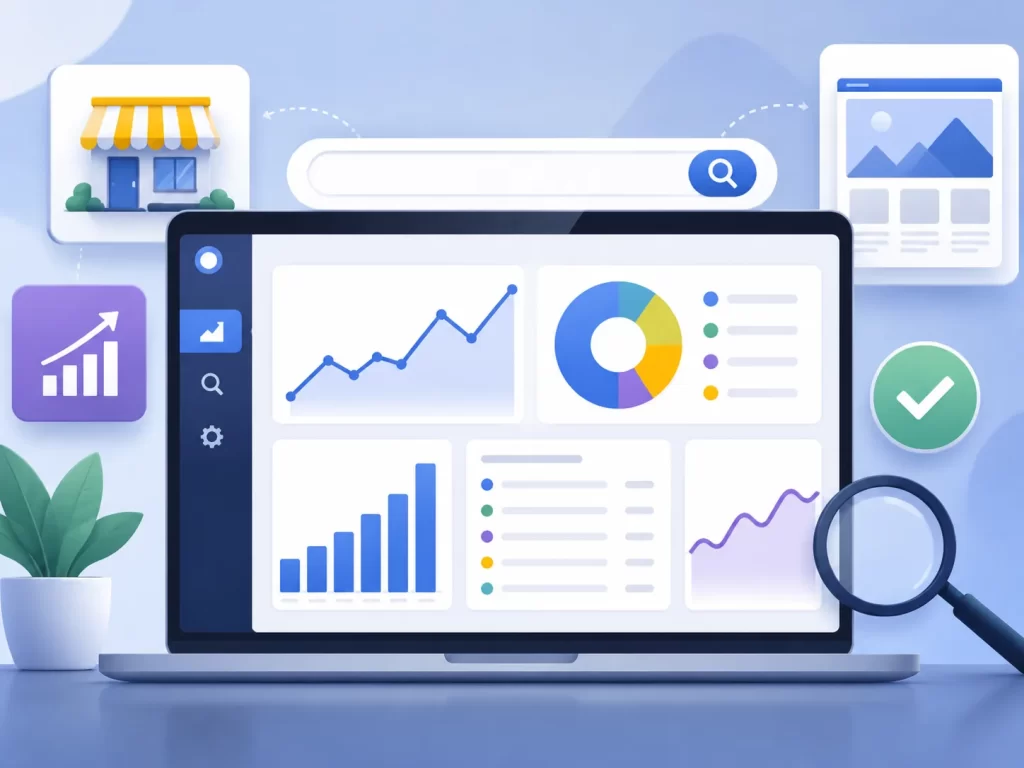 Een moderne illustratie van website-analyse, zoekprestaties en online groei voor een bedrijfswebsite.